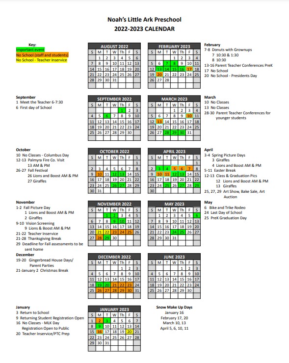 2022-2023 School Calendar - Noah's Little Ark